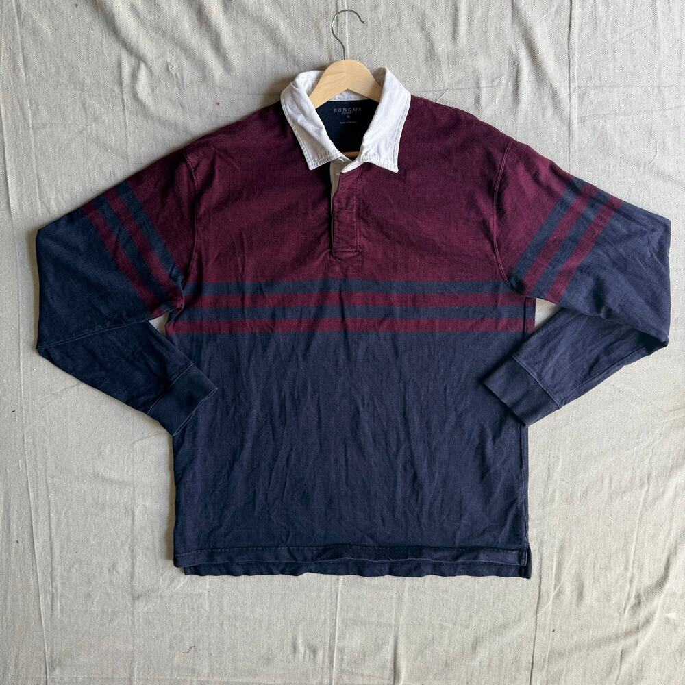 Sonoma Rugby Shirt Men's XL Heavyweight Cotton Faded Color Block Red and Blue